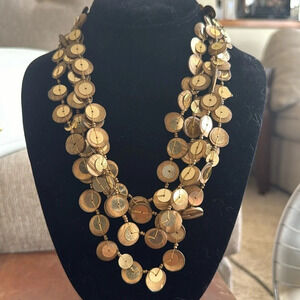 Gold wood and disk light weight layered necklace